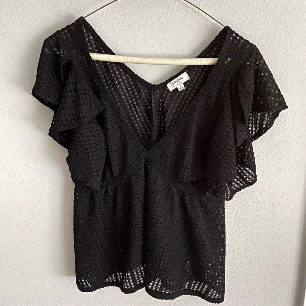 5 FOR $25  Umgee Sheer Black Ruffle Sleeve Blouse